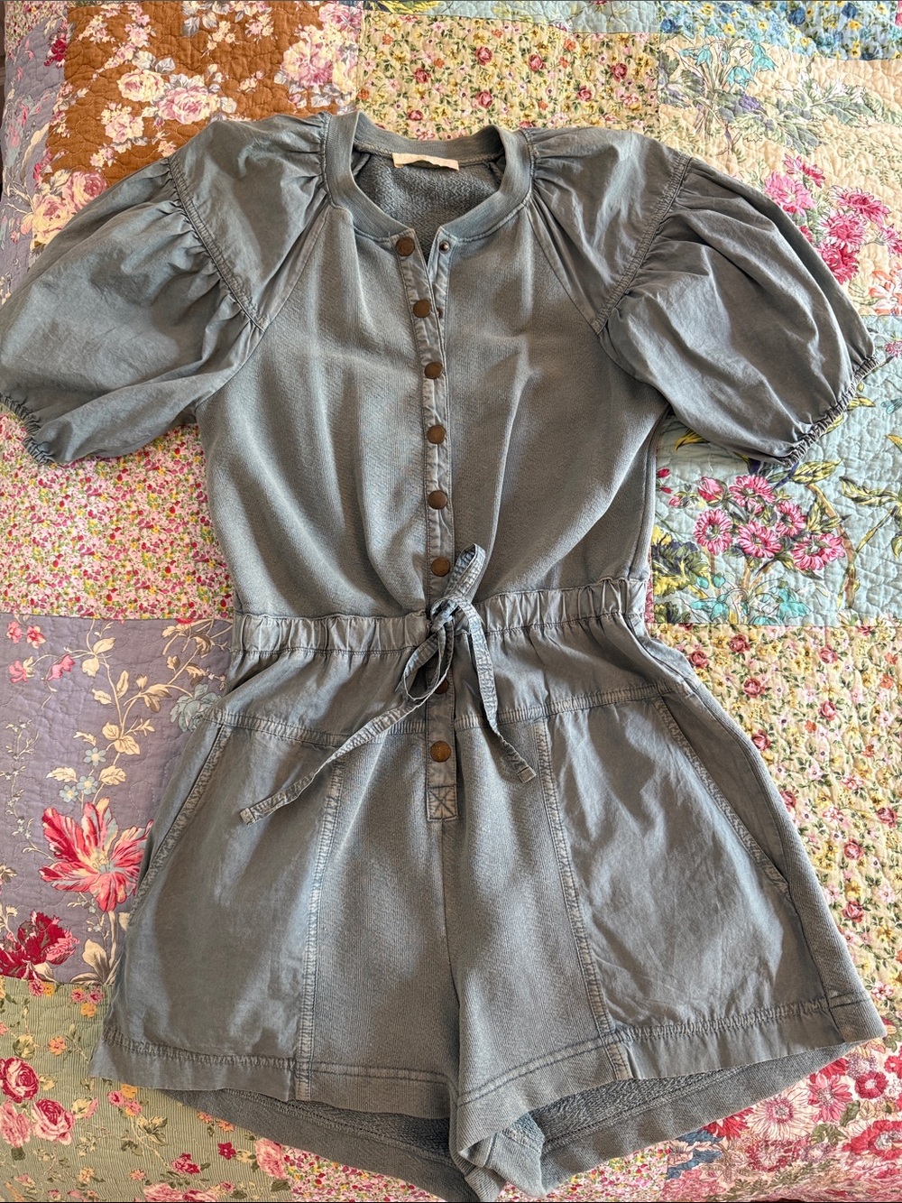 Ulla Johnson Button-Front Puff Sleeve Romper in Slate Blue